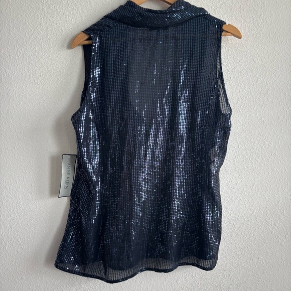 NWT Anne Klein Navy Sequined Sleeveless Blouse Formal Event Designer Top - Picture 5 of 7